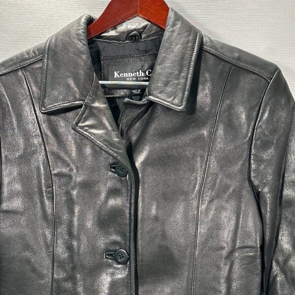 Kenneth Cole Jacket Womens Medium Black Leather Button Up Patch Pockets Lined - Picture 2 of 8